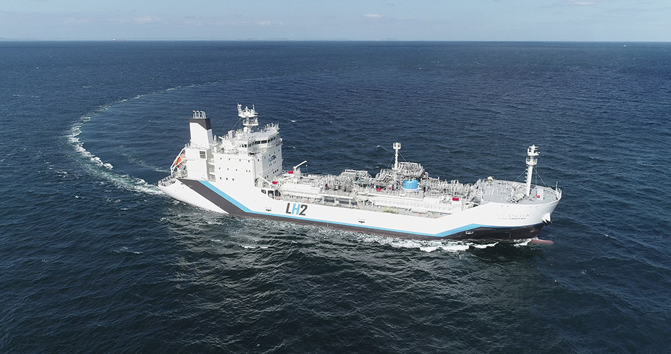 Developing hydrogen carriers is critical to creating an international supply chain. Shown in the photo is the Suiso Frontier, the first-ever liquid hydrogen carrier.