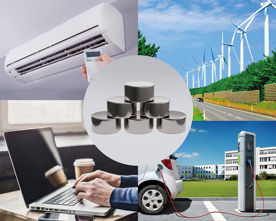 Neodymium magnets (center) are mainly composed of iron—an abundantly available and inexpensive substance—along with neodymium and boron. Their low cost has led to their rapid popularization and has greatly improved performance for a wide range of products: from air conditioners to personal computers, electric vehicles, and wind turbines. AFLO (top right photo); SHUTTERSTOCK (center, bottom left, and bottom right); EYEEM (top left)