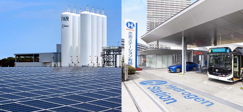 Japan will draw out extensive investment in areas of anticipated growth, such as hydrogen. The photos show FH2R (Fukushima Hydrogen Energy Research Field) in Fukushima–one of the world’s largest hydrogen production plants (left), and a hydrogen refueling station and fuel cell buses operated by the Tokyo Metropolitan Government (right)