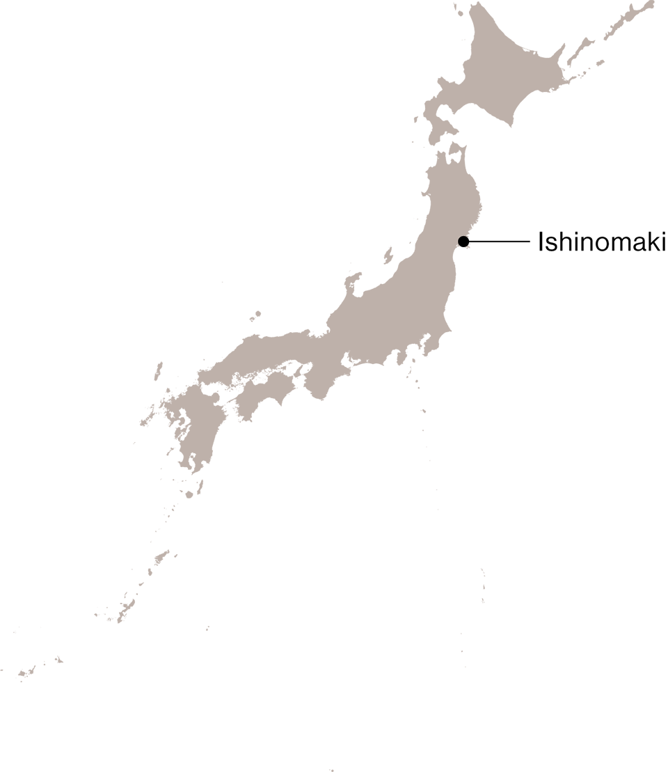 Japanese map showing location of Ishinomaki, Miyagi.