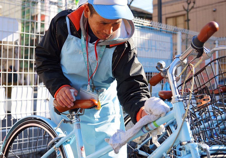HUBchari is a bicycle sharing service employing homeless people as staff.