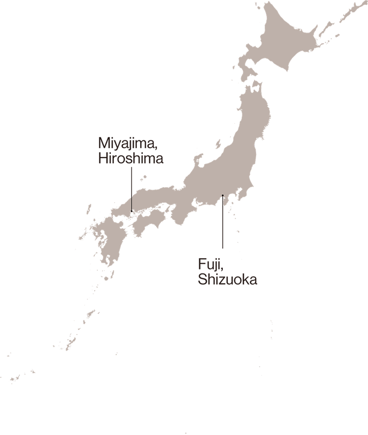 Japanese map showing Fuji, Shizuoka and Miyajima, Hiroshima.