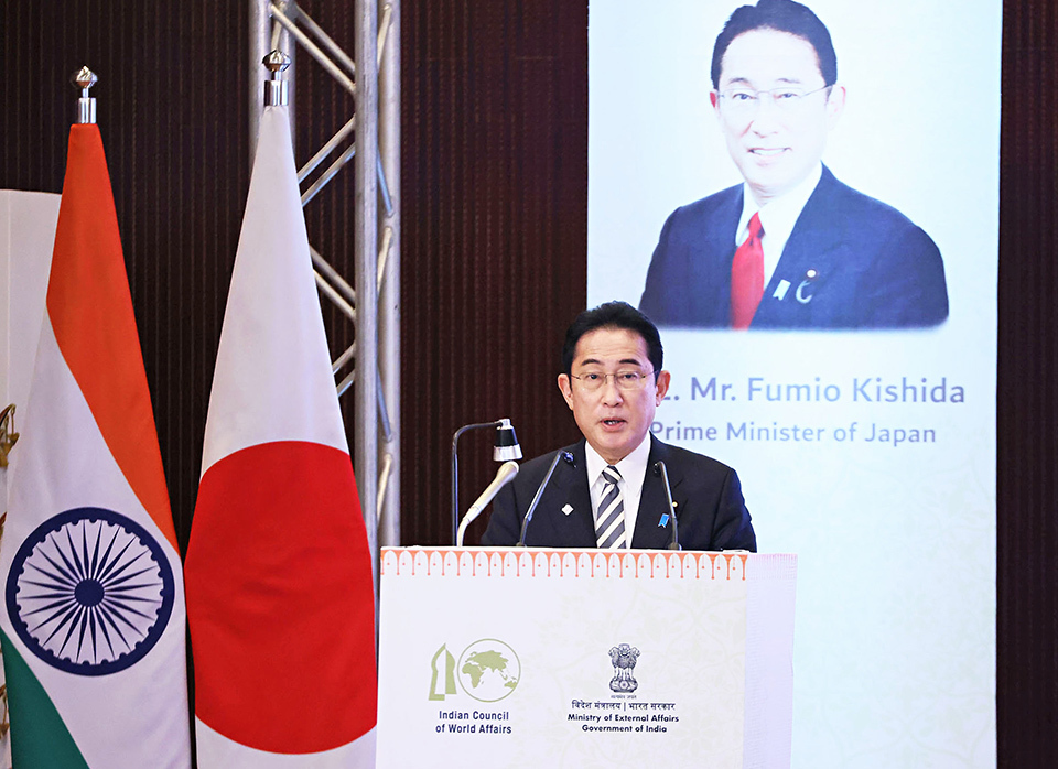 Japanese Prime Minister Kishida speaking at the Indian Council of World Affairs (ICWA).