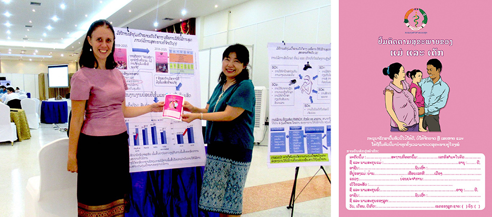 Left photo: Obara and a WHO official are holding the Maternal and Child Health Handbook. Right photo: A  maternal and child health handbook  in  Laos  that  Obara  and  others  were  involved  in  producing.