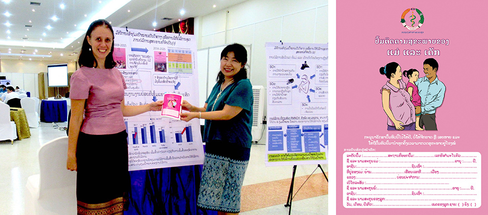 Left photo: Obara and a WHO official are holding the Maternal and Child Health Handbook. Right photo: A maternal and child health handbook in Laos that Obara and others were involved in producing.