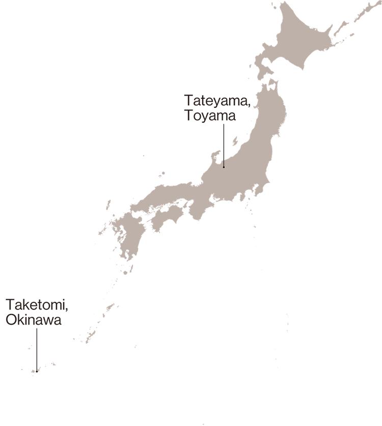 Japanese map showing locations of Tateyama, Toyama and Taketomi, Okinawa.