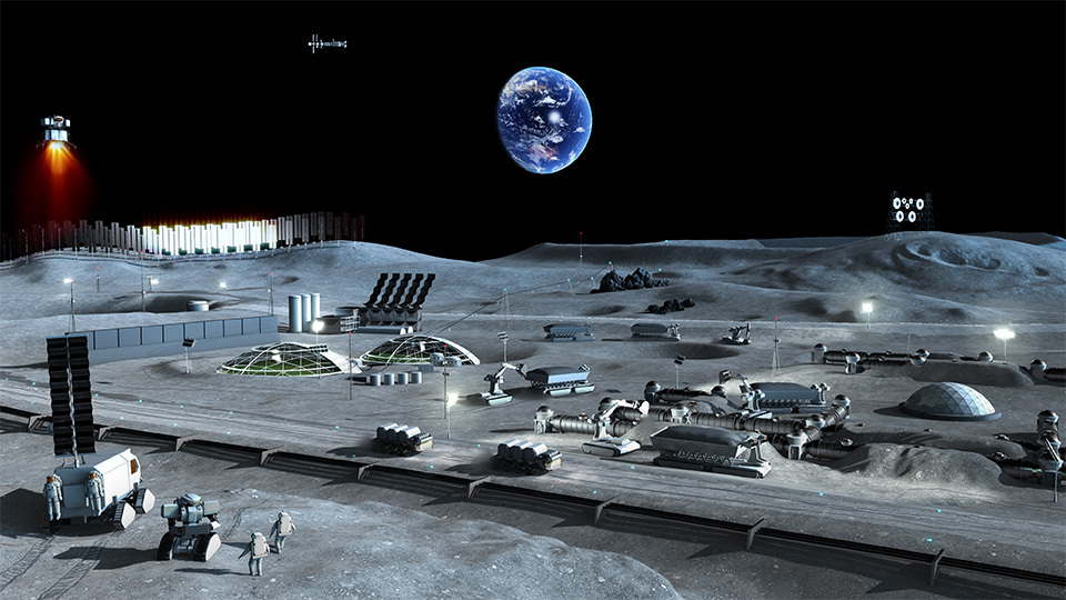 An image of Moon surface in the future, with vehicles and domed bases, and Earth in the background. JAXA
