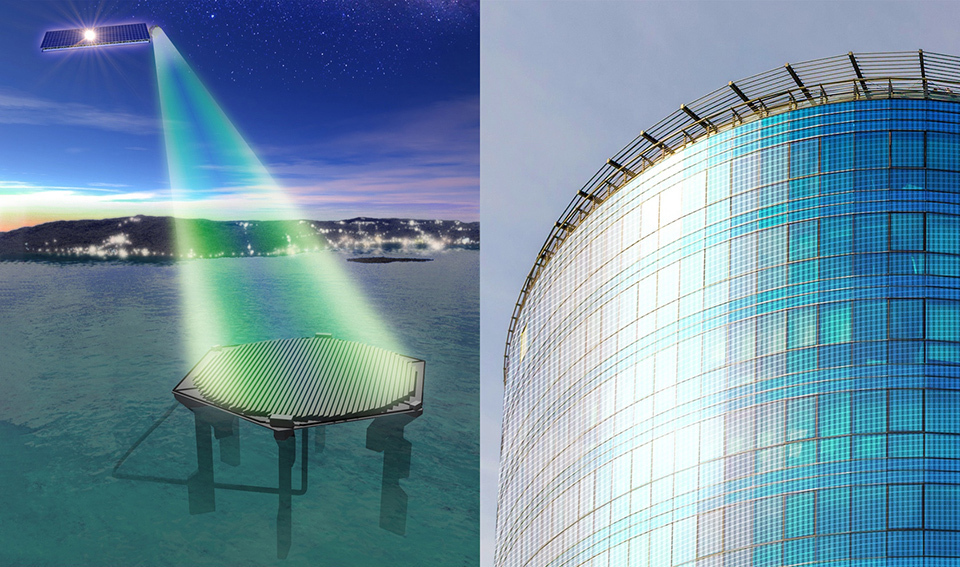 Left: A round antenna at sea receiving microwaves that are drawn in a conical shape from a satellite. / Right: A cylindrical-building wall covered in perovskite solar cells.