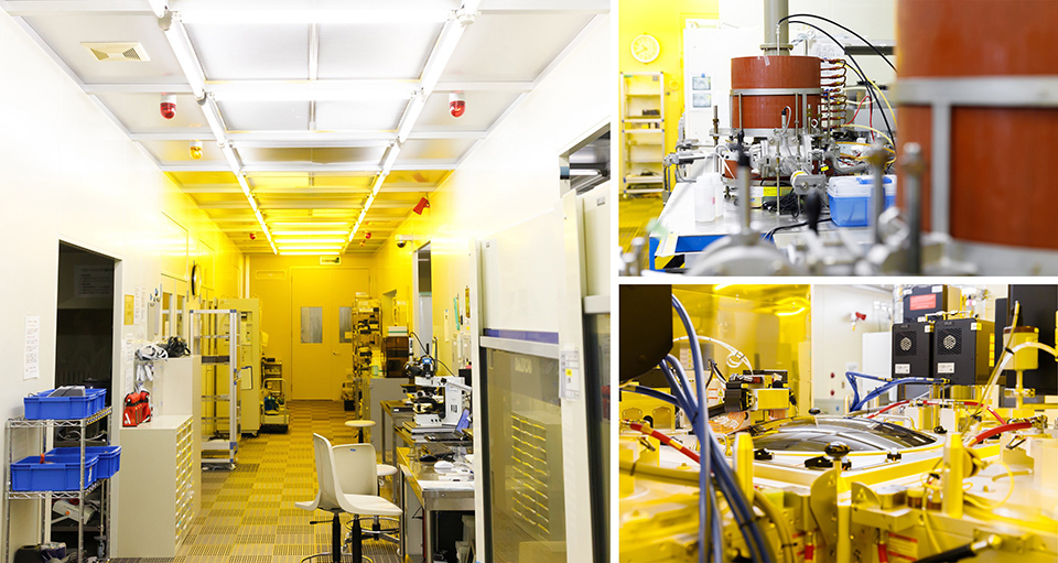 Inside a super cleanroom illuminated by yellow light and lined with various instruments.