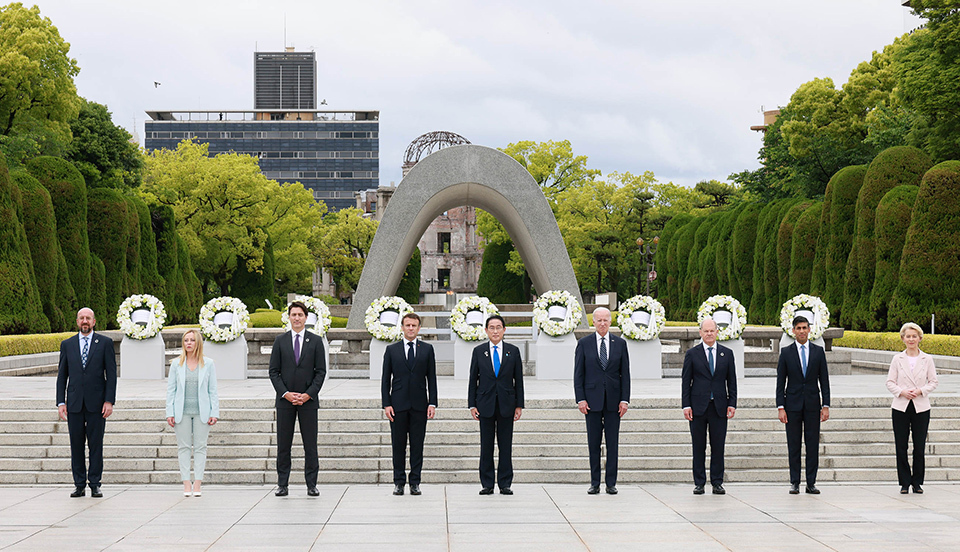 Leaders of the G7 nations standing in front of the Cenotaph for the Atomic Bomb Victims in Hiroshima.