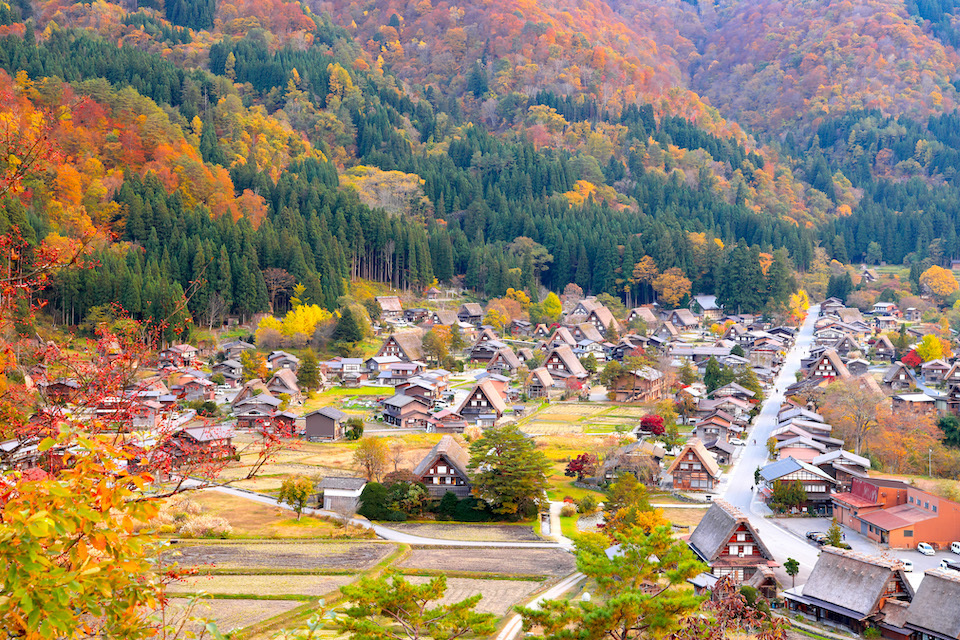 An idyllic mountain village, surrounded by lush green and autumnal foliage, featuring traditional Japanese thatched-roof houses.