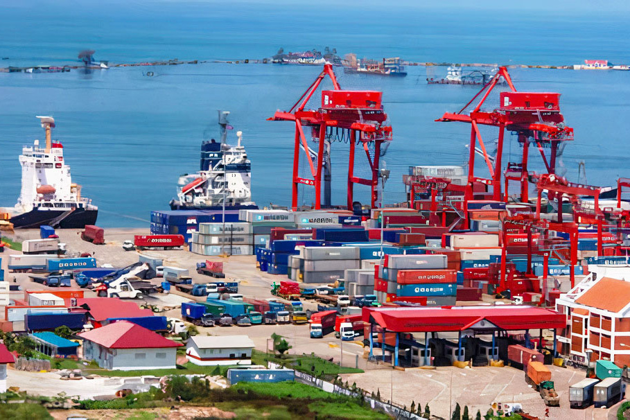Red cargo cranes and ships at Sihanoukville Port in Cambodia