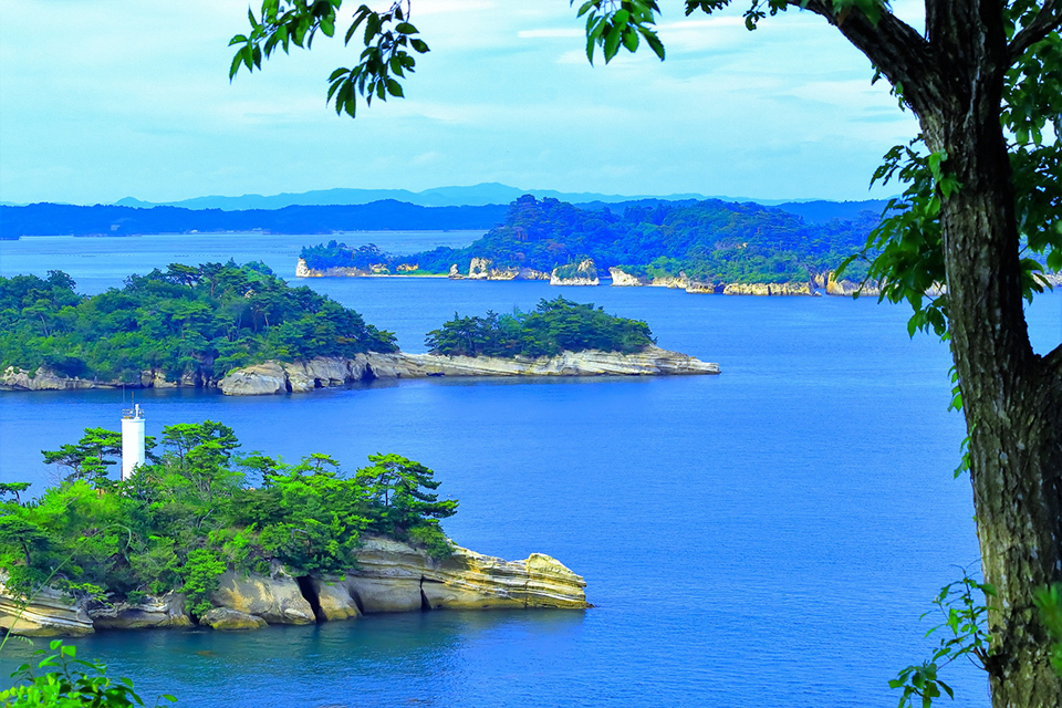 A view of the scenic green islands in the calm Matsushima inland sea from Mt. Tamonzan.