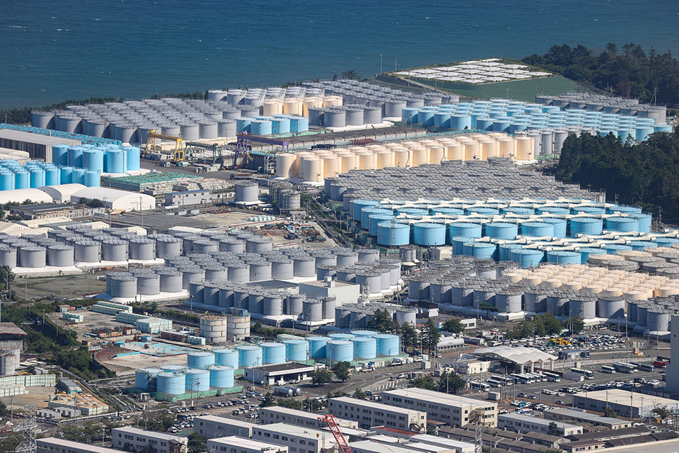 Large storage tanks containing ALPS treated water at the Fukushima Daiichi Nuclear Power Station.