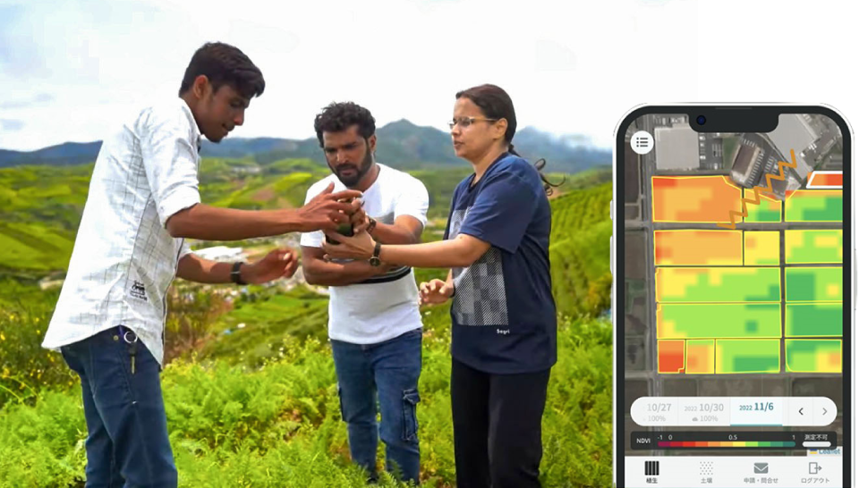 The left photo includes Chevdumoi Ravanth Mohanaram, the COO of Sagri’s Indian affiliate, standing in a field with two other individuals. The right photo is a smartphone displaying a map of a farm, with different sections colored from green to orange to red.