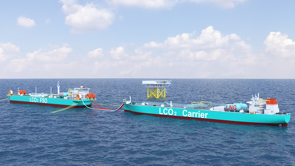 A vessel labeled ‘LCO2 Carrier’ on the right is connected to a vessel labeled ‘LCO FSO’ on the left, both stationed in open sea. MITSUI O.S.K. LINES, LTD.