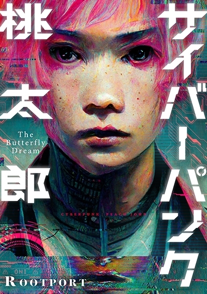 Cover image of a manga called "Cyberpunk; Peach John." A colorful and abstract digital artwork featuring distorted text and imagery, including a face and intricate designs.