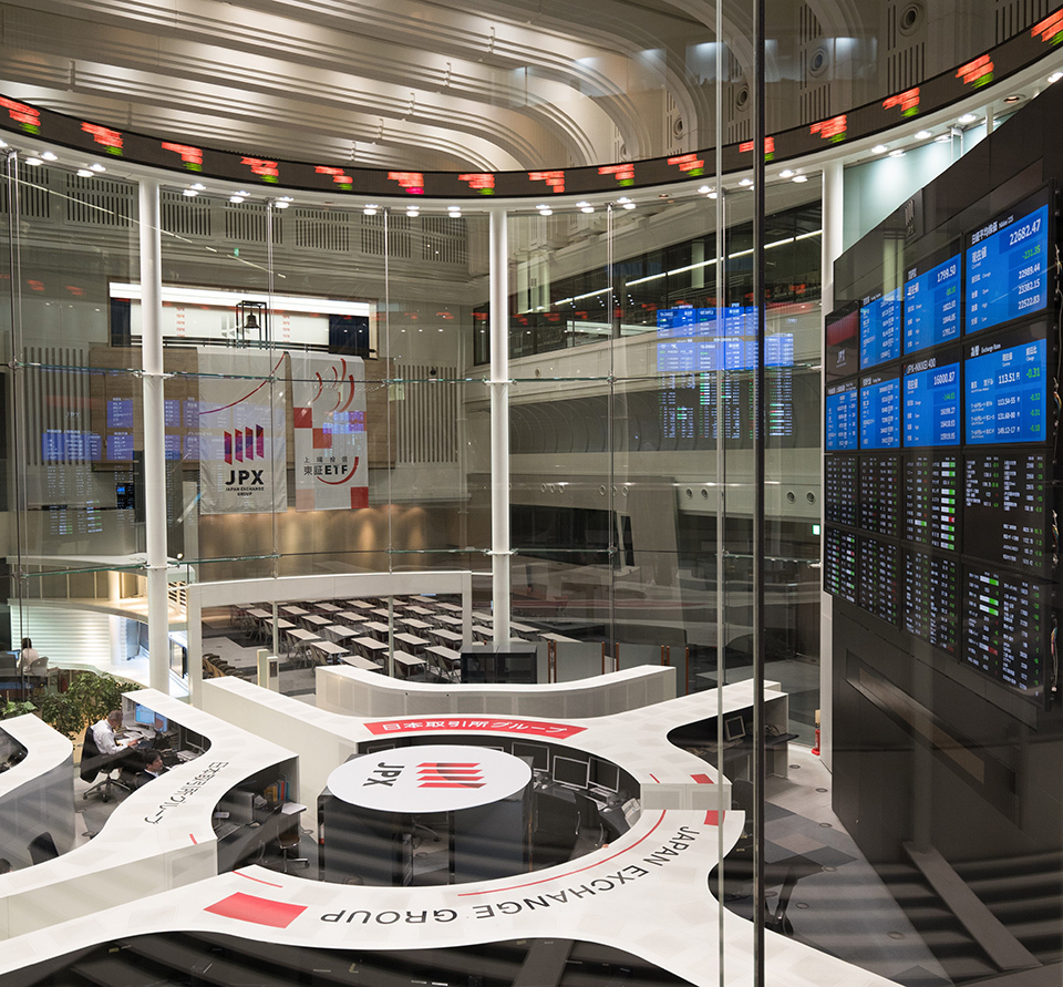 Interior of the Tokyo Stock Exchange, showing the trading floor.