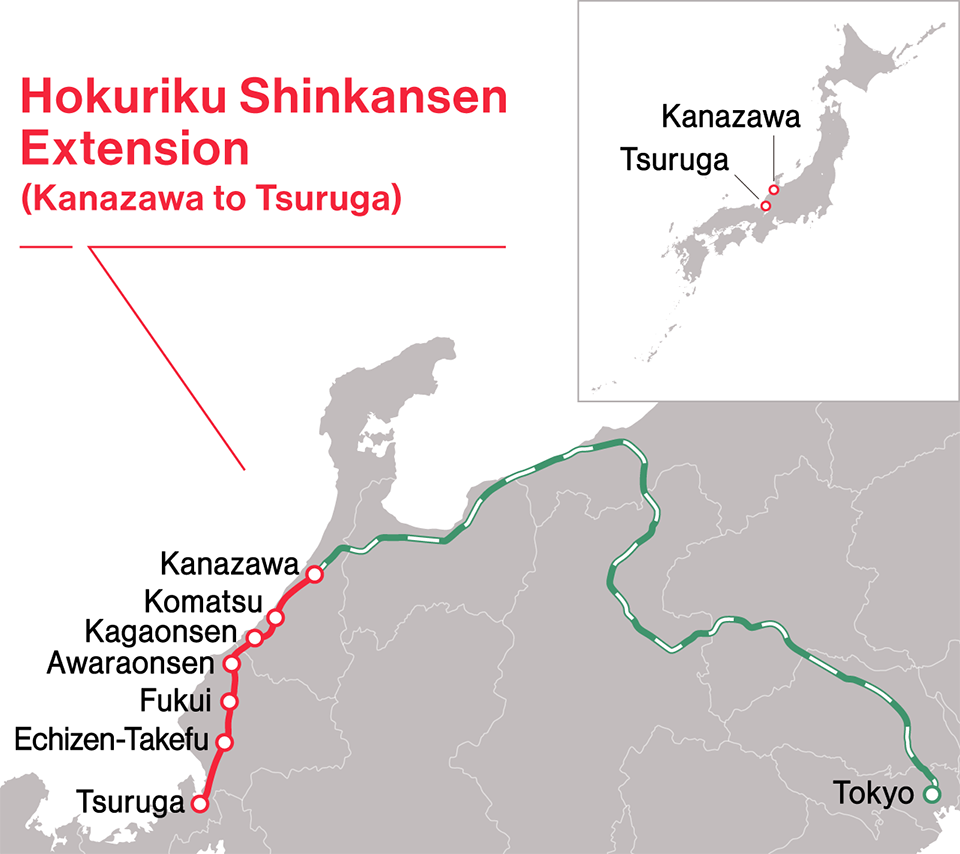 Map showing the location of the Hokuriku Shinkansen line extension