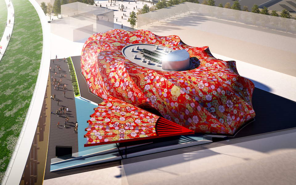 A large red and gold pavilion at Expo 2025 creates a vibrant visual contrast.