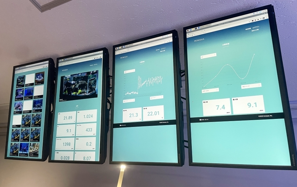 Four large wall-mounted screens in the office of Innoqua Inc., displaying various data such as water quality and temperature.
