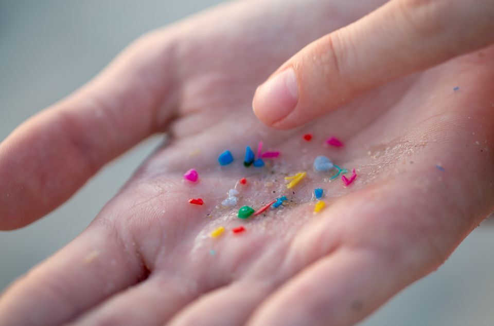 Two hands holding multicolored pieces of microplastics