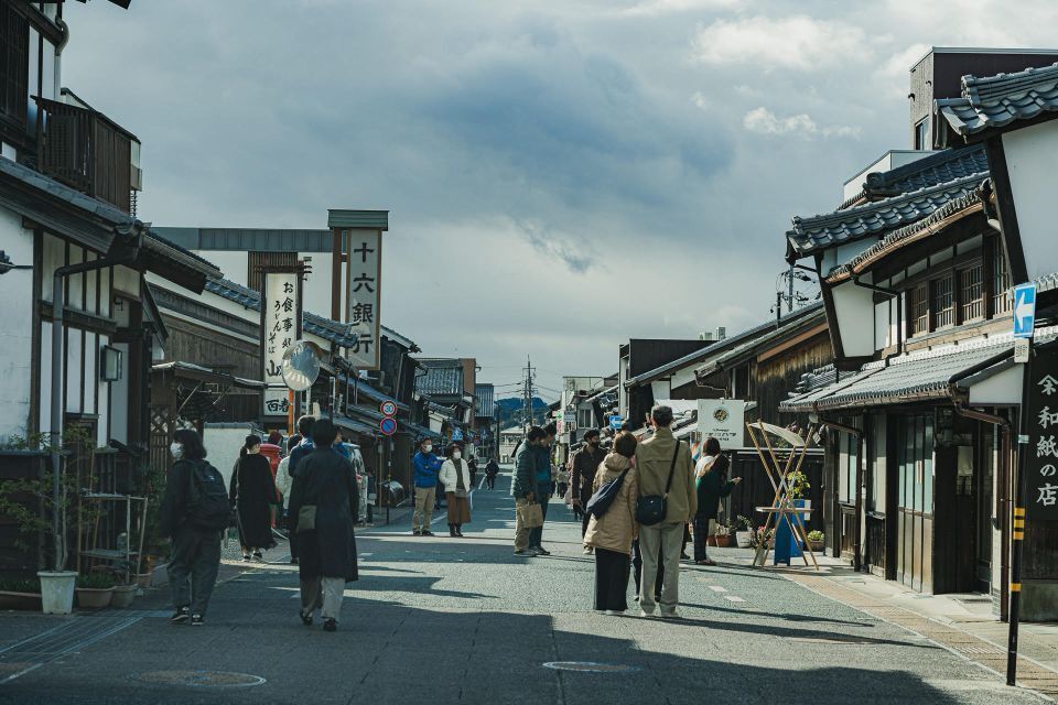 A street in Mino City, lined with traditional Japanese buildings and dotted with people walking