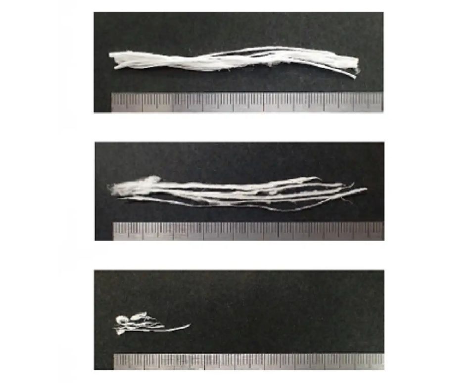 Three progressive photos from a fiber disintegration test conducted in a marine environment, showing how bagworm fibers completely disintegrate after 3 months.