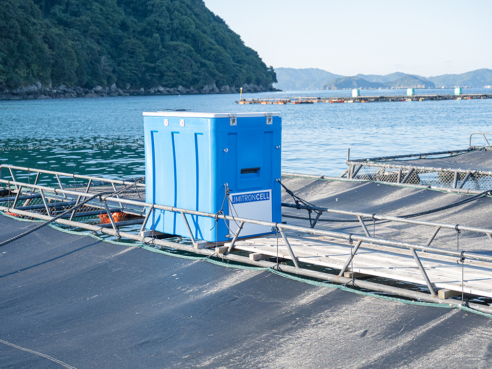 A light blue Umitron cell, placed on the pontoon of a fish pen