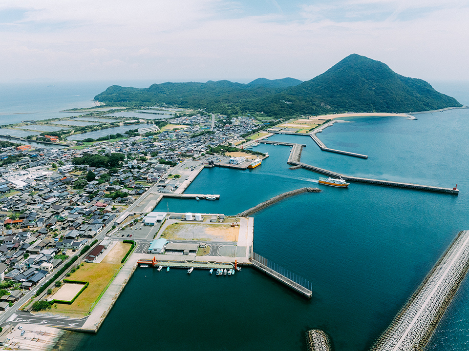 A view from the air of the port of Himeshima Island