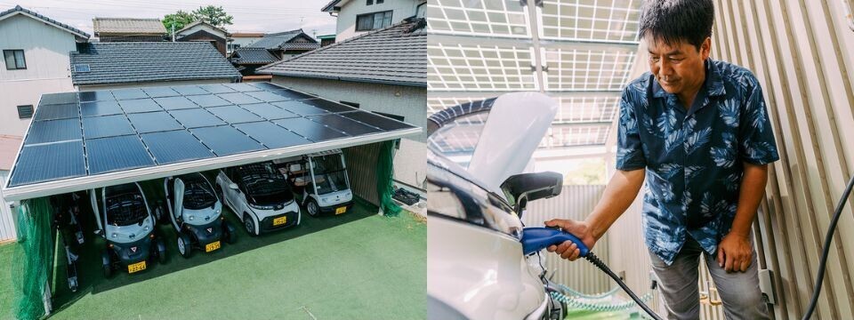 Four EVs charging under a roof of solar panels and a man charging an electric vehicle