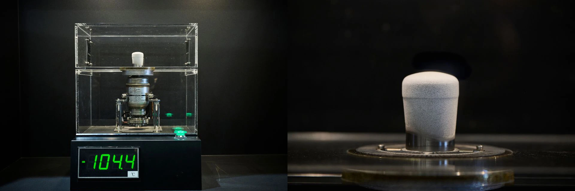 Image of a demostration of the Free Piston Stirling Cooler cooling down to over -100 degrees Celcius,A closeup of frost forming on the heat absorption element of the Free Piston Stirling Cooler