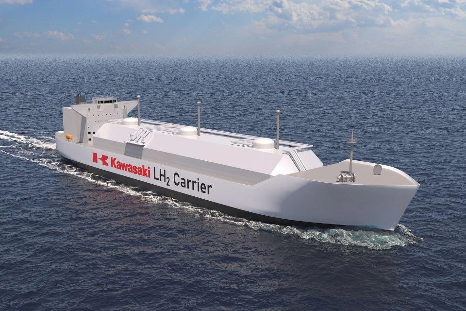 Mockup image of a liquefied hydrogen carrier equipped with a hydrogen engine