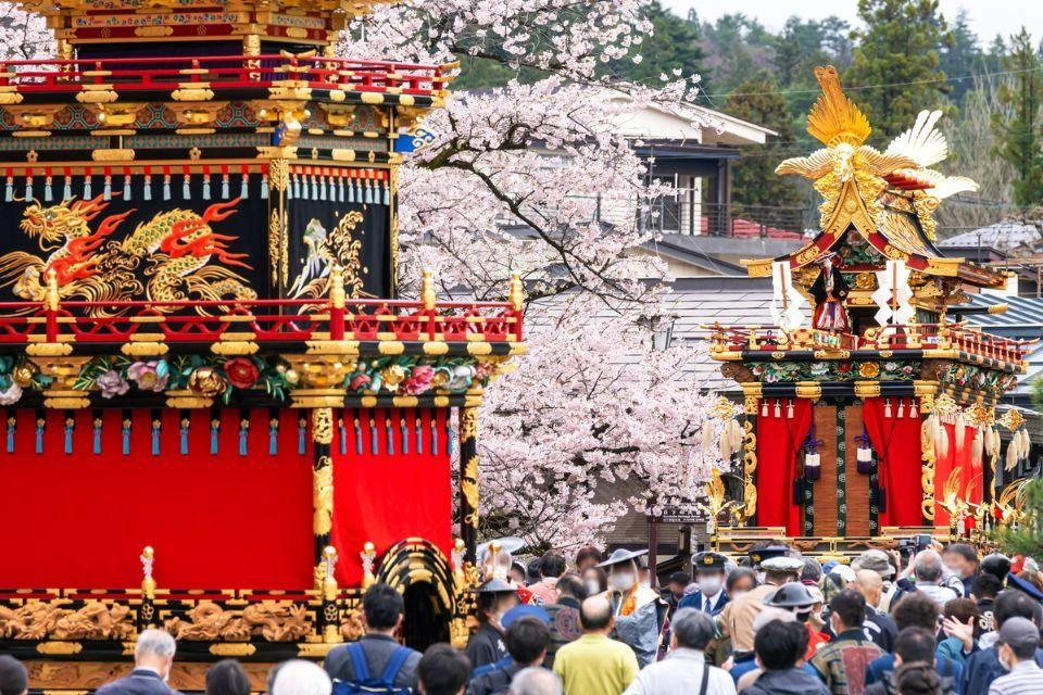 Bright red and gold floats from the Takayama Festival in Takayama City, Gifu Prefecture