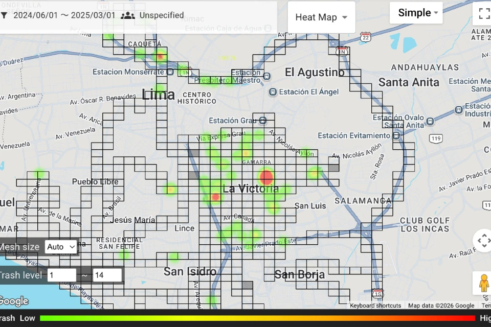 Image of a heatmap showing the distribution and volume of litter in an area