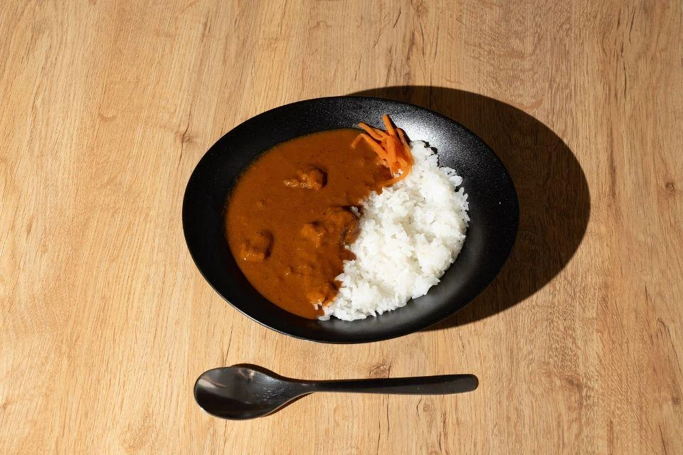 An emergency ration curry containing chunks of “meat” made from konjac