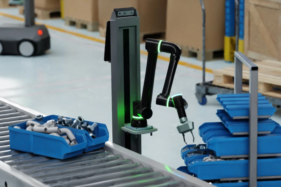 A concept image of the Mobirobo robotic arm being used with moving platforms