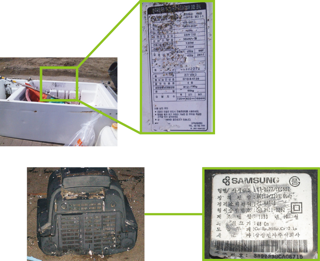 TVs and refrigerators with Korean labeling wash up on the beach.