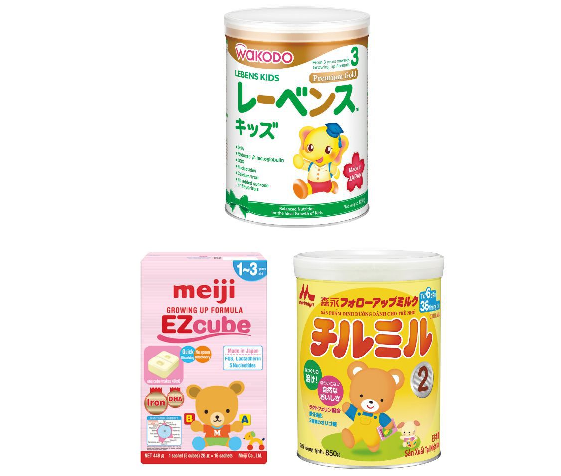 Top: Japanese-made baby formula sold in Singapore. The highly soluble powder has earned itself a reputation abroad and market demand in Singapore is therefore rising. Bottom two: Japanese-made baby formula sold for the Vietnamese market. As well as in tins, the formula also comes in cubes.