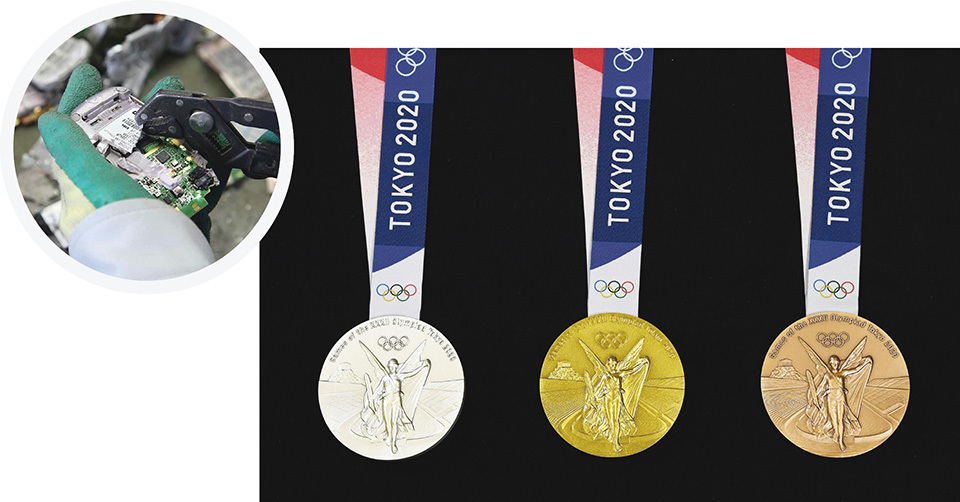 Collecting small home appliances such as used mobile phones. This is the first time at an Olympics and Paralympics when metals have been extracted to create medals.