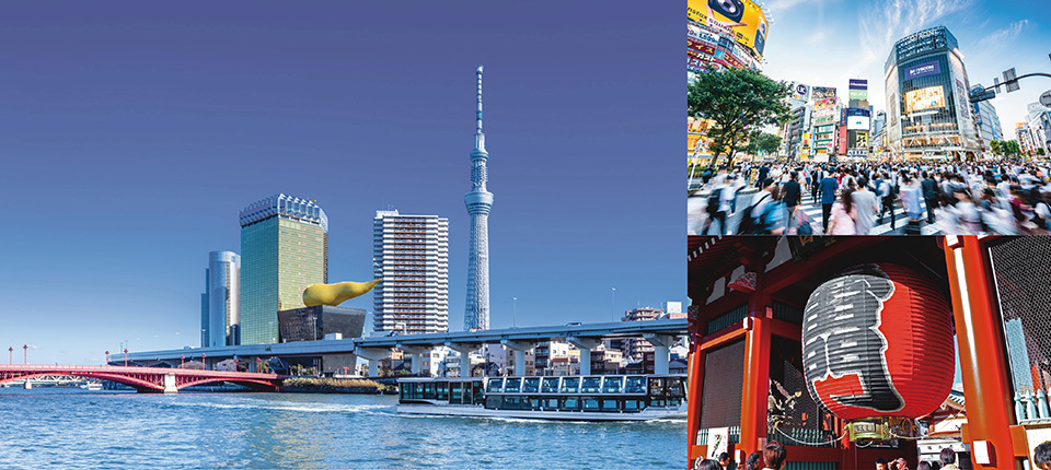Enjoy the magic of the city of Tokyo along with the Tokyo 2020 Games. (Clockwise from top right) Shibuya Crossing, Kaminari-mon Gate in Asakusa, Sumida River and Tokyo Skytree.